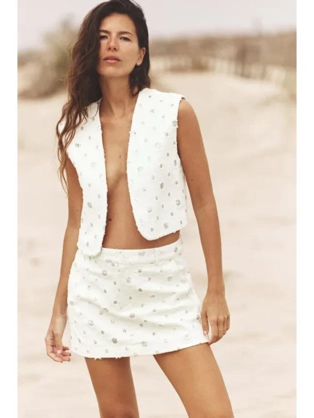 Zara Womens Cropped Vest Shirt S White Sequin Embellished 1689/421 NWT